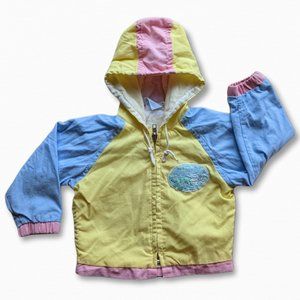 Vintage Kids Long Sleeve Pink Yellow Blue Color Block Hooded Zipper Jacket Coat